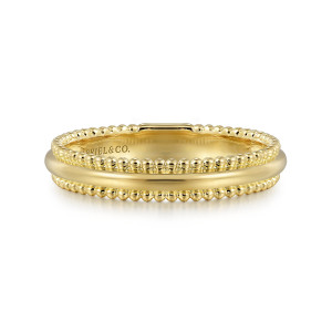 Gabriel & Co. LR52510Y4JJJ 14 karat yellow gold Stackable ring, front view of a smooth center strand flanked by beaded rims with a maker's mark inside