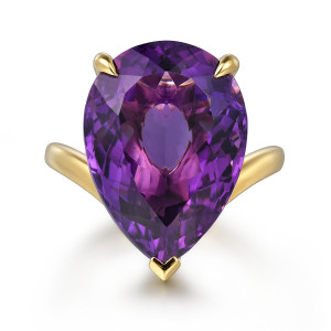 Gabriel & Co. LR52522Y4JAM 14 karat yellow gold Color ring, top view of the violet pear shaped stone filling the face above the band