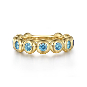 Gabriel & Co. LR52543Y4JBT 14 karat yellow gold Contemporary ring, front view of round blue stones in smooth domed bezels with a maker's mark inside