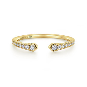 Gabriel & Co. LR52544Y45JJ 14 karat yellow gold Stackable ring, front view of both pointed ends tipped with larger round diamonds across the gap