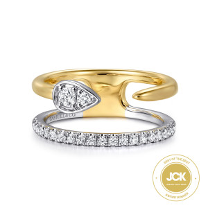 Gabriel & Co. LR52577M45JJ 14 karat white and yellow gold Contemporary ring, front view of the pear shaped frame and tapered tip above a lower row of round diamonds
