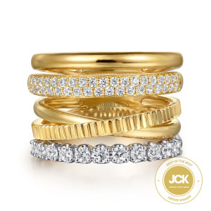 Gabriel & Co. LR52585M45JJ 14 karat white and yellow gold Contemporary ring, front view of the polished, pave, ridged and prong set strands stacked together