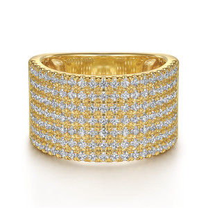 Gabriel & Co. LR52596Y45JJ 14 karat yellow gold Lusso ring, front view of a broad face covered by tight rows of round stones in tiny prongs