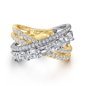 Gabriel & Co. LR52597M84JJ 18 karat white and yellow gold Lusso ring, front view of crossing strands with a row of rectangular stones above pave lines