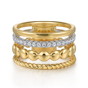 Gabriel & Co. LR52613M45JJ 14 karat white and yellow gold Bujukan ring, front view of the plain strand, diamond row, metal beads and rope twist stacked together