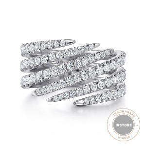 Gabriel & Co. LR52616W45JJ 14 karat white gold Kaslique ring, front view of diamond rows slanting across the band and ending in sharp points