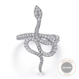 Gabriel & Co. LR52621W45JJ 14 karat white gold Kaslique ring, top view of the serpent head, the looped body and the pointed tail