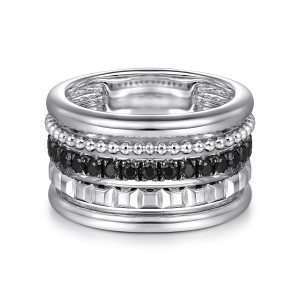 Gabriel & Co. LR52629SVJBS sterling silver Bujukan ring, front view of smooth rails around beads, black round stones and angular studs
