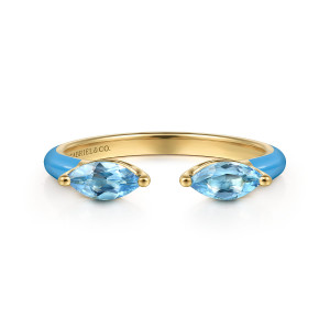 Gabriel & Co. LR52652E5Y4JBT 14 karat yellow gold Color ring, front view of two blue marquise stones facing each other across the open gap