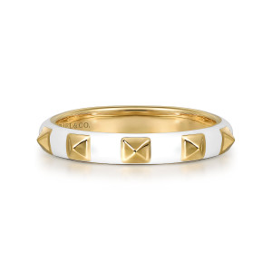 Gabriel & Co. LR52654E9Y4JJJ 14 karat yellow gold Contemporary ring, front view of metal pyramids standing out from the glossy white enamel band
