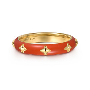 Gabriel & Co. LR52658EJY4JJJ 14 karat yellow gold Contemporary ring, front view of the orange enamel band with raised star studs and a polished inside