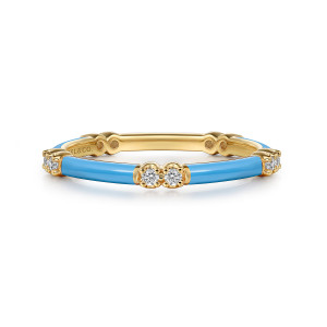Gabriel & Co. LR52659E5Y45JJ 14 karat yellow gold Contemporary ring, front view of blue enamel panels meeting a pair of diamonds with pierced openings behind