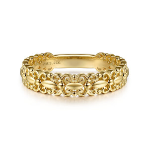 Gabriel & Co. LR52672Y4JJJ 14 karat yellow gold Contemporary ring, front view of openwork scrolls around almond shaped domes with a maker's mark inside