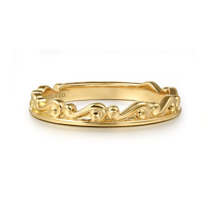 Gabriel & Co. LR52674Y4JJJ 14 karat yellow gold Contemporary ring, front view of wave scrolls with a round bead in each curl rising above the band