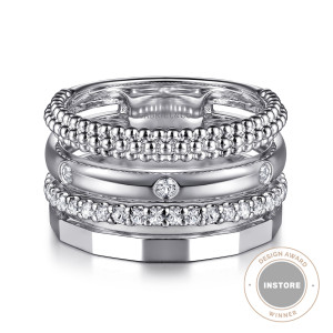Gabriel & Co. LR52690SVJWS sterling silver Bujukan ring, front view of a beaded row, a bezel stone row, a prong stone row and a flat band