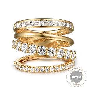 Gabriel & Co. LR52691Y44JJ 14 karat yellow gold Contemporary ring, front view of the baguette row, polished strand, prong set round row and pave row layered together