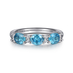 Gabriel & Co. LR52702W45BT 14 karat white gold Color ring, front view of three blue oval stones with pairs of round diamonds set between them