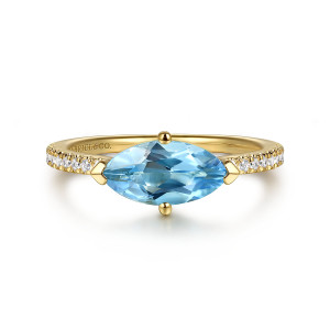 Gabriel & Co. LR52704Y45BT 14 karat yellow gold Color ring, front view of the blue marquise stone set sideways between pave diamond shoulders