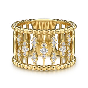 Gabriel & Co. LR52708Y45JJ 14 karat yellow gold Bujukan ring, front view of lens shaped plates with round stones on crossbars between two bead rails