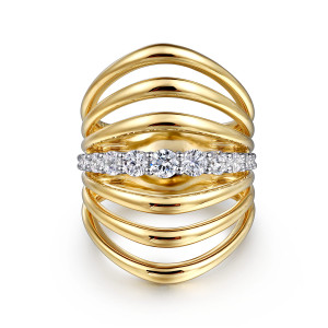 Gabriel & Co. LR52709M45JJ 14 karat white and yellow gold Contemporary ring, front view of arched wires spread above and below one row of round stones
