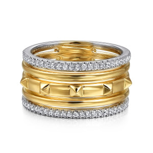 Gabriel & Co. LR52710M45JJ 14 karat white and yellow gold Contemporary ring, front view of pave edged outer rows around a flat strip of pyramid studs