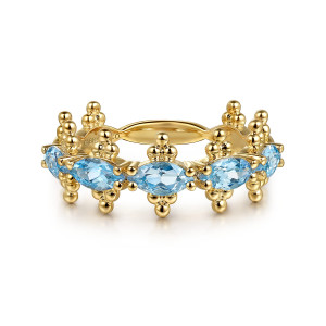 Gabriel & Co. LR52714Y4JBT 14 karat yellow gold Bujukan ring, front view of light blue marquise stones with a bead cluster on each edge