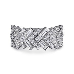 Gabriel & Co. LR52722W44JJ 14 karat white gold Lusso ring, front view of baguette and square diamonds interlocking with round diamonds