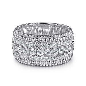 Gabriel & Co. LR52737SVJWS sterling silver Bujukan ring, front view of rows of round faceted stones between two beaded metal rims