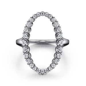 Gabriel & Co. LR52748W45JJ 14 karat white gold Lusso ring, top view of the open oval outline of diamonds with an empty center above the band