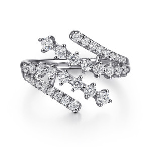 Gabriel & Co. LR52750W45JJ 14 karat white gold Lusso ring, front view of the diamond rows passing each other with free ends at the top