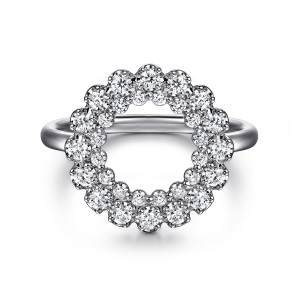 Gabriel & Co. LR52753W45JJ 14 karat white gold Lusso ring, top view of the open circle with larger outer stones and smaller inner stones