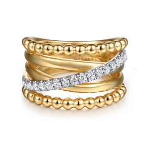 Gabriel & Co. LR52755Y45JJ 14 karat yellow gold Bujukan ring, front view of crossing strands with a diagonal diamond row between beaded edges