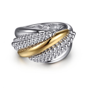 Gabriel & Co. LR52757MZJJJ sterling silver and 14 karat yellow gold Bujukan ring, front view of the polished diagonal bar between two fields of clustered metal beads