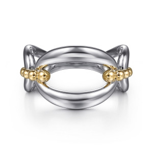 Gabriel & Co. LR52759MZJJJ sterling silver and 14 karat yellow gold Bujukan ring, front view of a smooth open oval link with bead clusters at each end and looping arms