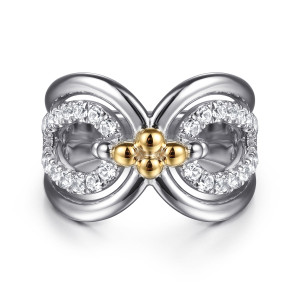 Gabriel & Co. LR52762MZJWS sterling silver and 14 karat yellow gold Bujukan ring, top view of two stone lined loops joined by a cluster of four metal beads