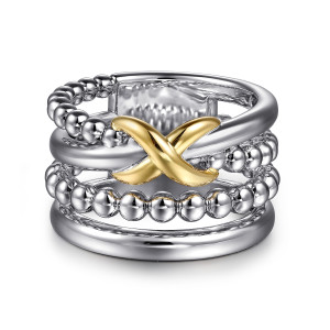 Gabriel & Co. LR52765MZJJJ sterling silver and 14 karat yellow gold Bujukan ring, front view of the glossy X motif over the bead strands and smooth strands
