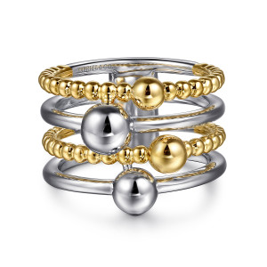 Gabriel & Co. LR52767MZJJJ sterling silver and 14 karat yellow gold Bujukan ring, front view of alternating beaded strands and smooth rails with larger metal balls set off center