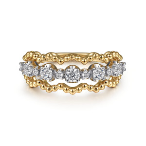 Gabriel & Co. LR52768M45JJ 14 karat white and yellow gold Bujukan ring, front view of larger and smaller round stones between wavy metal bead strands