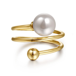 Gabriel & Co. LR52771Y4JPL 14 karat yellow gold Bujukan ring, front view of the coiled wire with a round pearl above and a metal ball below