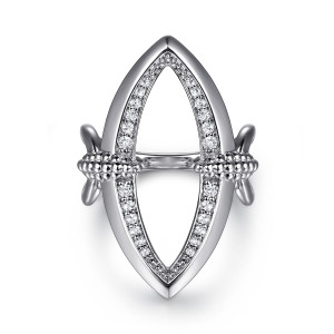 Gabriel & Co. LR52787SVJWS sterling silver Bujukan ring, top view of the open marquise frame, its stone lined edge and the bead clusters
