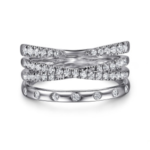 Gabriel & Co. LR52804W45JJ 14 karat white gold Kaslique ring, front view of two diamond strands crossing in an X above a polished strand of bezel set stones