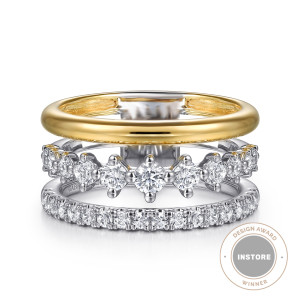 Gabriel & Co. LR52808M45JJ 14 karat white and yellow gold Contemporary ring, front view of a plain polished strand above a spaced row and a closely set row of diamonds