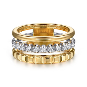 Gabriel & Co. LR52813M45JJ 14 karat white and yellow gold Contemporary ring, front view of a rounded band above a prong set diamond row and a band of beveled blocks