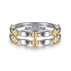 Gabriel & Co. LR52864MZJJJ sterling silver and 14 karat yellow gold Bujukan ring, front view of paired rails of smooth links broken by cross shaped metal bead clusters
