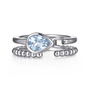 Gabriel & Co. LR52871SVJAQ sterling silver Bujukan ring, front view of the sideways pear shaped stone above a row of polished metal beads