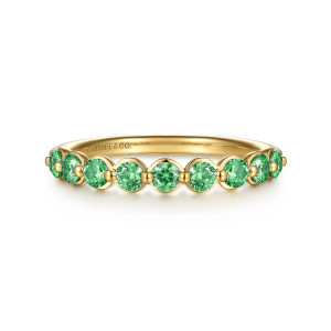 Gabriel & Co. LR52874Y4JEA 14 karat yellow gold Color ring, front view of green stones in rounded collars with metal beads between and a maker's mark inside