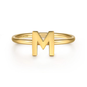 Gabriel & Co. LR52879M-Y4JJJ 14 karat yellow gold Contemporary ring, front view of a solid block M with a V shaped middle standing above a round band