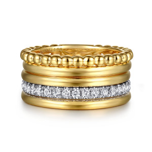 Gabriel & Co. LR52896M45JJ 14 karat white and yellow gold Bujukan ring, front view of the beaded row above smooth rows and a single row of round stones
