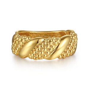 Gabriel & Co. LR52902Y4JJJ 14 karat yellow gold Bujukan ring, front view of two glossy diagonal ribs between fields of clustered metal beads