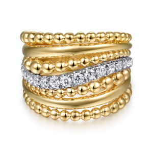Gabriel & Co. LR52908M45JJ 14 karat white and yellow gold Bujukan ring, front view of beaded and plain strands crossing around a curved row of diamonds